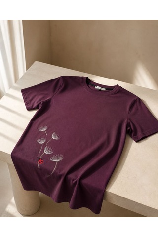 Yubistitch Tshirt Nakış İşlemeli Karahindiba- Penye- Bordo