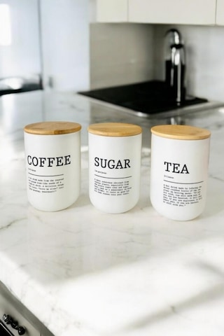 3 Lü Bambu Kapaklı Çay, Kahve, Şeker Kavanozu - Beyaz Cam Tea Sugar Coffee Saklama Seti Beyaz - Siyah