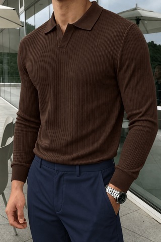 Genius Store Erkek Polo Yaka Kazak Fitilli Anti Pilling Tüylenme Yapmaz Regular Fit Erkek Triko Kazak Pyaka-kzk Kahverengi