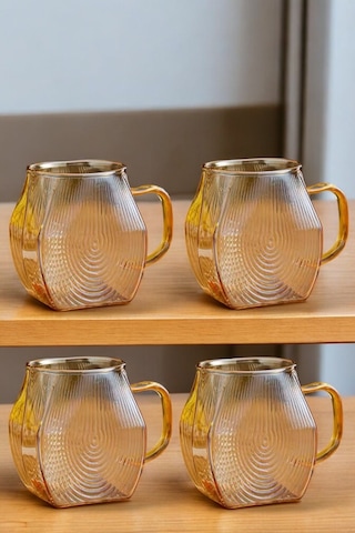 Qerhome Borosilikat Cam Amber Salyangoz Desenli Bardak 4 Adet 300 Ml Altın