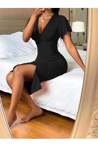 Simala Kadın Kısa Kollu Derin Dekolte V Yakalı Yırtmaçlı Midi Janjan Krep Elbise Siyah
