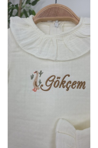 Gros Shop Müslin Yeni Doğan 4katlı Organik %100pamuk Kişiye Özgü Nakışlı Hastane Çıkış Seti Ördek Model-1 Ekru