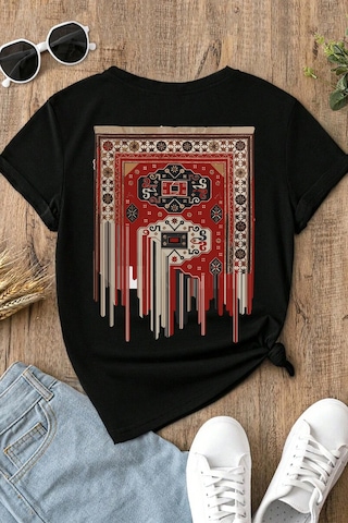 Spoyi Bohem Kilim Tasarımlı %100 Pamuk Yarım Oversize Siyah T-lhirt