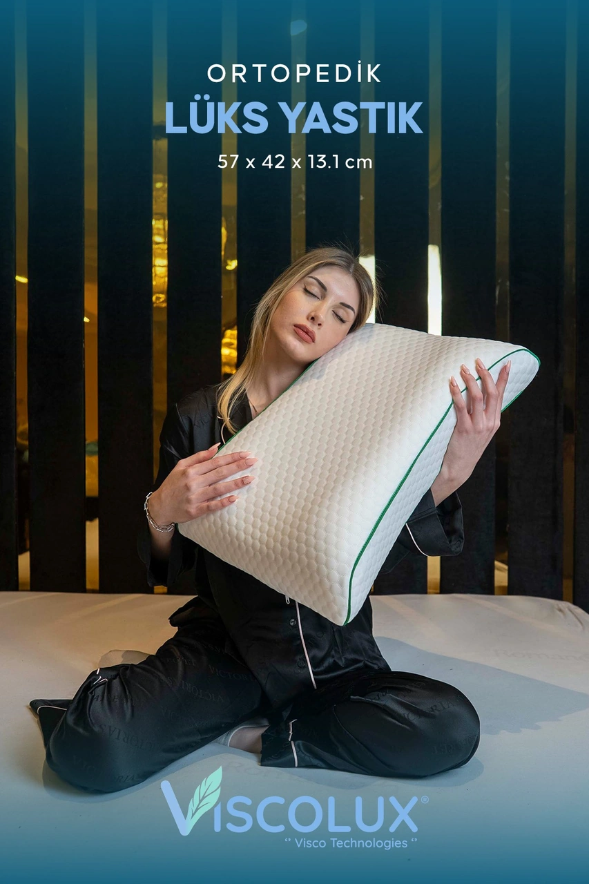 Bombeli Lüx Boyun Destekli Ortopedik Yastık Anti-aging Visco Yastık 57x42x13/11 Yeşil