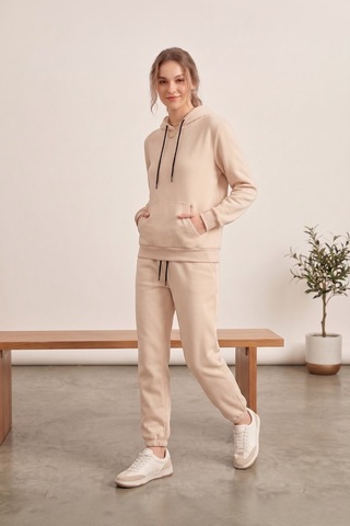 Moibody Kadın 3 İplik Şardonlu Eşofman Takımı Premium Kapüşonlu Sweatshirt Ve Jogger Alt Krem Krem