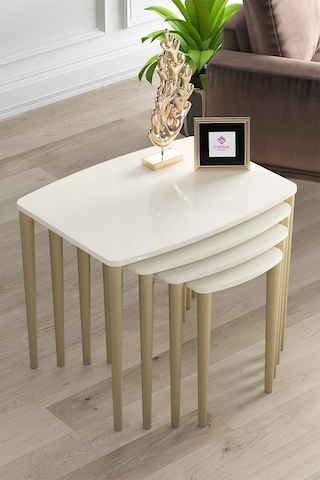 Canisa Concept Anka Serisi Mdf 4'lü Zigon Sehpa Takımı Sehpalar Krem Ayakları Altın Rengi