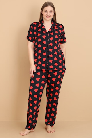 Wordex Mirano 2854 Kalpli Milan Kumaş Kısa Kollu Düğmeli Büyük Beden Kadın Pijama Takımı Siyah
