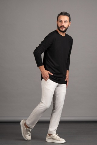 Regular Fit Bisiklet Yaka Rayon Kumaş Full Likralı Uzun Kol Sweatshirt Siyah