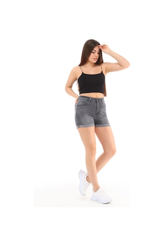Cedy Denim Kadın Yüksek Bel Duble Paça Kot Şort Klasik Mini Jean Şort C604 GRİ