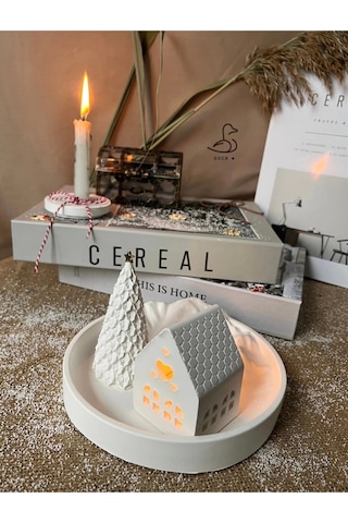 Dağ Görünümlü Tabak Çukur Ev Şeklinde Tealight Mumluk Çam Ağacı Dekor 2 Li Set