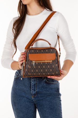 Adelina Bags Kadın Desenli El Ve Omuz Çantası Ve Mekanizmalı Cüzdan Seti Kahve Kahverengi