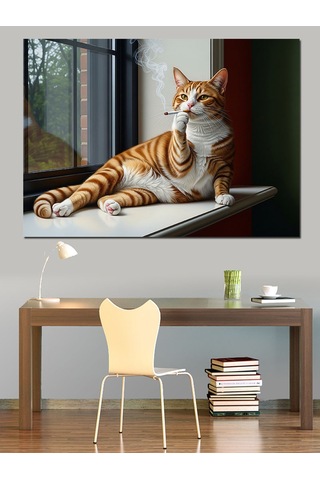 Kedi Güneşli Pencere Kenarı Dekoratif Kanvas - Mdf Ahşap Tablo