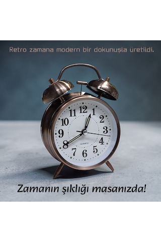 Upway Retro Tarz Bakır Masa Saati Büyük Boy Çanlı Tokmaklı Işıklı Metal Kasalı Bakır