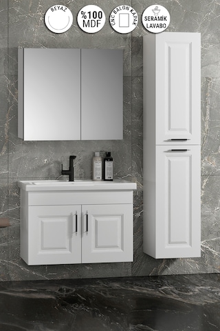 Salkım 80+35 Cm Beyaz Balon Mdf Seramik Lavabolu Asma Banyo Dolabı Takımı