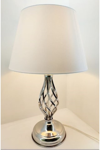 Gümüş Gri Rustik Burgulu Taşlı Metal Ayak Beyaz Şapkalı Abajur Gümüş