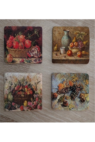 Natürmort Meyveler Doğal Taş Bardak Altlığı 4'lü Set - Natural Stone Coasters - Taş Çok Renkli