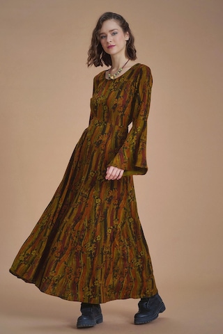 Desenli Kayık Yaka Belden Bağlamalı Haki İspanyol Kol Kadın Elbise Desenli