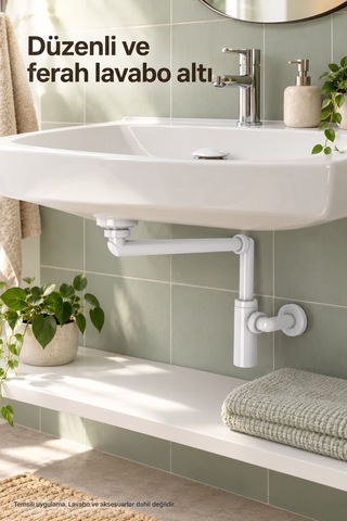 İz Yapı Luna Beyaz Alan Tasarruflu Sifon Seti Elixir Pop-up Taşma Deliksiz Lavabo Sifonu