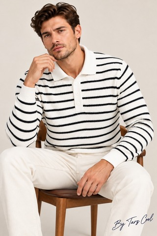 Cool Tarz Erkek Çizgili Polo Yaka Triko Kazak Slim Fit Uzun Kollu Pamuk Akrilik Karışımlı Beyaz Beyaz