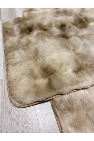 Bubble Tavşan Tüyü, Kaymaz Taban, Pofuduk, Ultra Lüks, Yıkanabilir 2'li Banyo Paspası Eskitme Camel Çok Renkli
