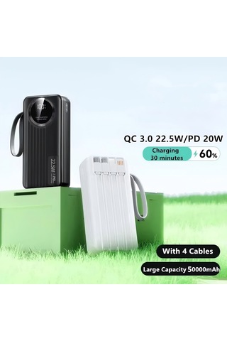 30.000 Mah 22.5w Hızlı Şarj Powerbank Taşınabilir Şarj Cihazı Dijital Göstergeli Dahili Çoklu Kablolu Powerbank Siyah
