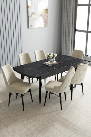 Zümra Serisi, Siyah Mermer Desen 80x132 Açılabilir Mdf Mutfak Masası Takımı 6 Adet Sandalye, Krem