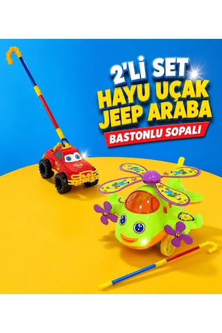 Hayu Uçak Helikopter Jeep Araba Baston Saplı Sopalı Itmeli Oyuncak 2'li Set