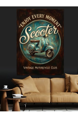 Retro Scooter Ve Özgürlük Yazısı Dekoratif Kanvas - Mdf Ahşap Tablo