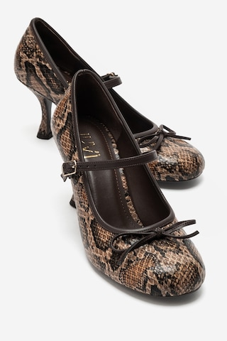 Luvi Shoes Acland Kahverengi Desenli Fiyonklu Kadın Topuklu Ayakkabı