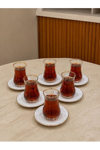 12 Parça Altın Yaldızlı 6 Kişilik Çay Takımı Seti-6068 Beyaz