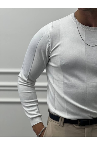 Modefendi Pamuk Yapılı Desenli Slimfit Triko Beyaz