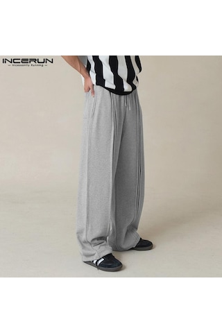 Incerun Erkek Bağcıklı Elastik Bel Kırışık Uzun Eşofman Altı Rahat Bol Spor Pantolon Siyah