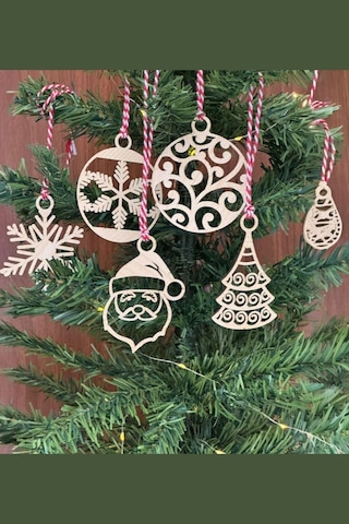 Büro Ev Partisi İçin 6parça Kırmızı Beyaz İpli Noel Baba Kar Tanesi Ahşap Yılbaşı Ağaç Süsü