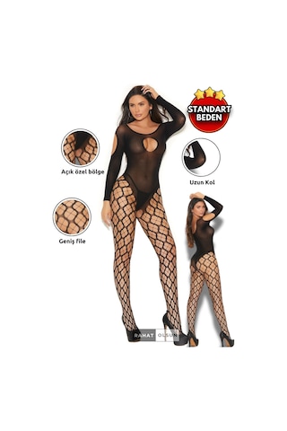 Opak Korseli Uzun Kollu Dekolteli Yonca Desen Çorap Detaylı Siyah Kadın Fantezi Vücut Çorabı Siyah