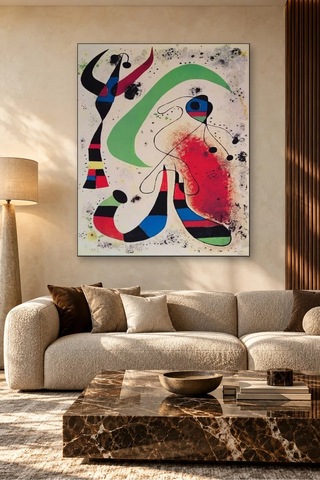 Fida Miro Yeşil Hilal Ve Kırmızı Lekeli Gece Canvas Tablo Çok Renkli