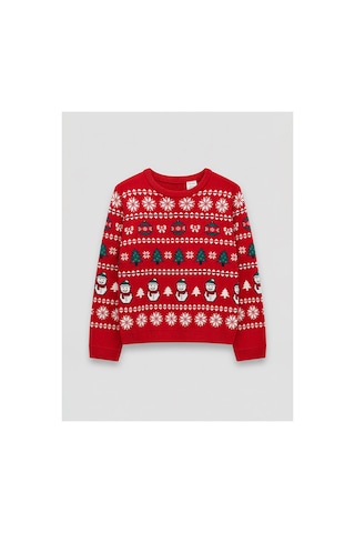 LC Waikiki Alıta Cıty Farkıyla Lcw Kids Kırmızı Triko Desenli Oval Yaka Kız Çocuk Kazak Kirmizi - 928021981 Kirmizi