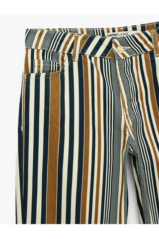 Koton Düğmeli Cepli Pamuklu Düşük Bel Düz Paça Çizgili Pantolon - Straight Fit Jean Kahverengi Çizgili 7wal40035mw