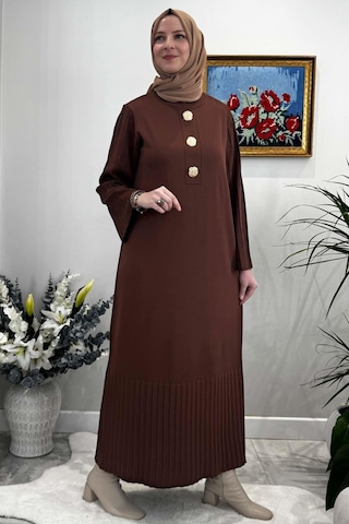 Banu Broşlu Triko Elbise Kahve Normal