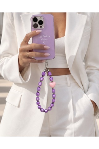 Les Petites Mains Mor Küp Boncuklu Pembe Kalp Detaylı El Yapımı Telefon Askısı