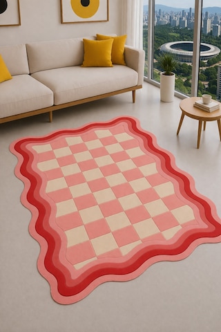 Sdt Retro Damalı Ve Dalgalı Pembe - Krem Dokuma Taban Dekoratif Halı Sdt690 Çok Renkli