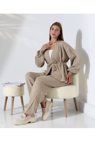 Kuşak Detaylı İkili Triko Takım Vizon