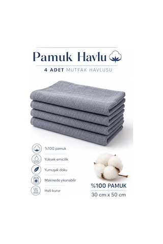 4 Adet Mutfak Havlusu El Yüz Havlusu Gri