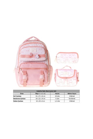 Calacilo Kedi Baskılı Pembe Kız Çocuk Üçlü İlkokul Okul Çantası Seti - Setcc-c4050a