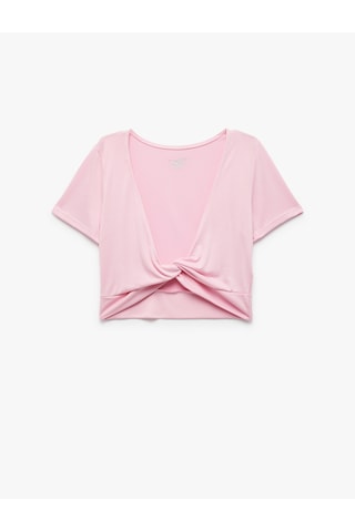 Koton V Yaka Kısa Kollu Bağlama Detaylı Rahat Kalıp Crop Spor Tişört Açık Pembe 5sak10264nk Pembe