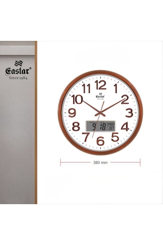 Eastar A5146 Ahşap Görünümlü Sıcaklık/takvimli Duvar Saati Kahverengi