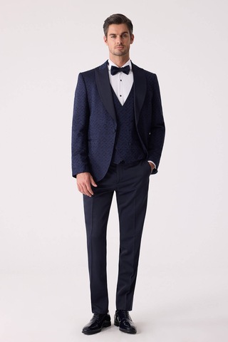 Ysf Erkek Lacivert Damatlık Slim Fit Kırlangıç Yaka Desenli