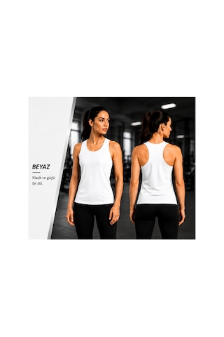 Beydex Bisiklet Yaka Sıfır Kollu Standart Kalıp Kadın Spor Atlet Beyaz