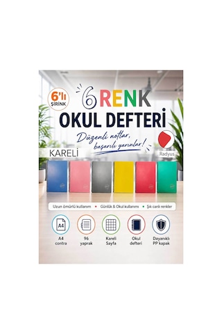 Saray Pp Kapak Spiralli 96 Yaprak A4 Kareli 6 Adet Defter Çok Renkli