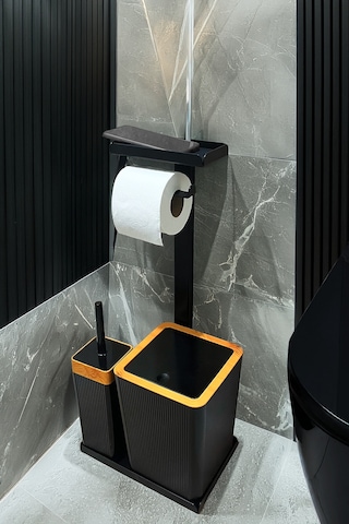 3'ü 1 Arada Banyo Seti Tuvalet Kağıtlık, Çöp Kovası Ve Tuvalet Fırça Takımı Kahverengi - Siyah