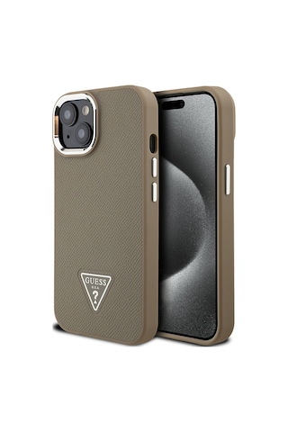Apple Uyumlu iPhone 14 Kılıf Guess Lisanslı M-safe Şarj Özellikli Grained Triangle Kapak Kahverengi